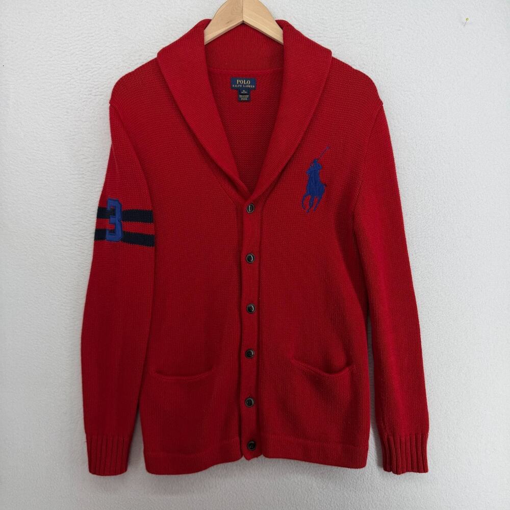 POLO RALPH LAUREN Cardigan Youth XL 18-20 Big Pony Shawl Varsity Cotton Red